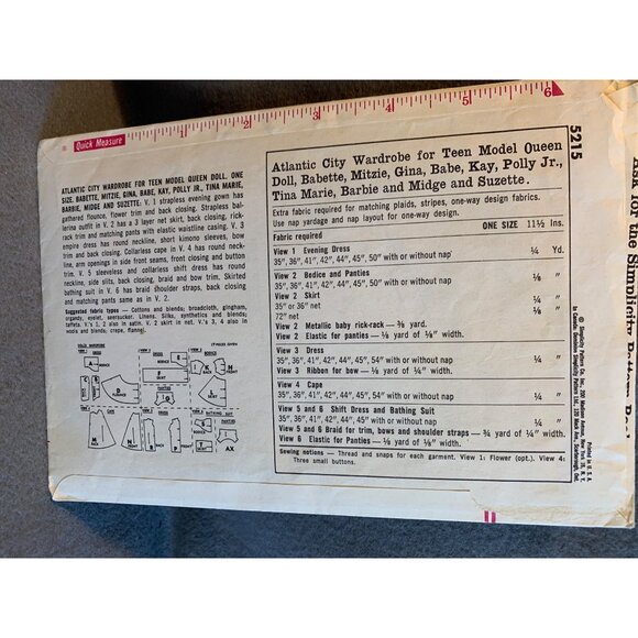 Simplicity Gina Polly Babette Mitzie 11.5" doll Clothes Pattern 5215 - Picture 2 of 3